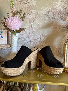 Schutz Black Suede Platform Mule Sandals with Woven Espadrille Heel
